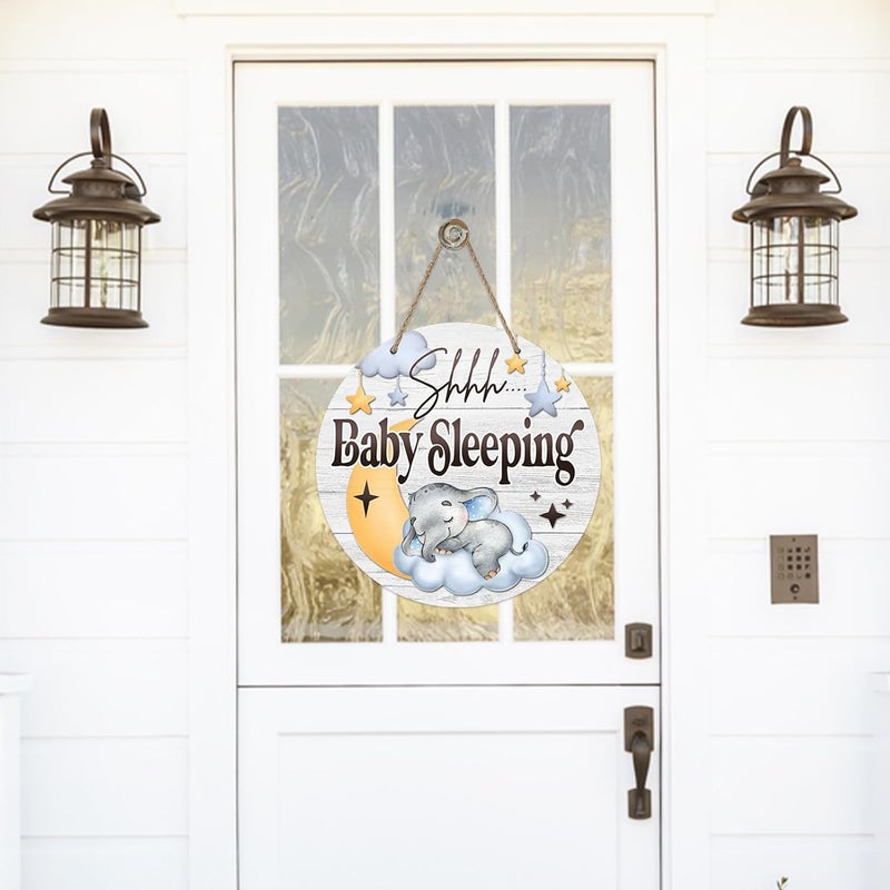 Deroro Shhh Baby Sleeping Front Door Sign, Elephant Moon Cloud Stars Wood Door Hanger Nursery Kids Bedroom Decor, Infant Toddler Baby Boy Girl Room Rustic Wooden Wreath Indoor Wall Hanging Decoration - Image 4